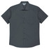 A short sleeve button-up shirt in a dark grey colour with a chest pocket and a logo.