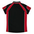 A black polo shirt with red accents and white piping, featuring a logo on the back.