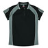 A black and grey polo shirt with short sleeves and a collar, featuring contrasting panel design and a logo.