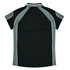 A black and grey polo shirt featuring short sleeves and a sporty design, with a logo on the front.