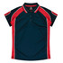 A polo shirt featuring a dark navy colour with red accents and a contrasting collar, designed for women.