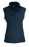A navy blue vest featuring a high collar and zippered pockets, with a logo on the chest.