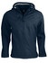 A soft shell jacket in navy blue with a hood and multiple zippered pockets. Features a logo on the garment.