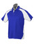 A blue and white polo shirt displayed on a mannequin. The shirt features a logo and has short sleeves.
