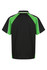 A black and green polo shirt featuring a contrasting design and a logo on the back.