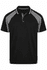 A black polo shirt with grey accents and a logo, featuring a classic collar and short sleeves.