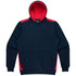 A navy blue hoodie with red accents and a front pocket. It features a hood and has a logo.