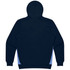 A navy blue hoodie featuring light blue side panels and a hood. Includes a branding logo.
