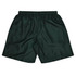 Dark green sports shorts with an elastic waistband and a smooth finish. Features a logo on the side.