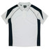 A polo shirt in white with black side accents, featuring a collar and short sleeves. It has a logo on the label.