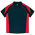 A navy blue and red polo shirt featuring a collar and a logo on the chest area.