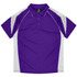 A purple polo shirt with white accents and a logo on the collar.
