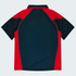 A polo shirt featuring a red and navy design with a collar, showcasing back view and a logo.