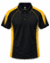 A black and yellow polo shirt featuring a collar and short sleeves, with a logo on the upper area.