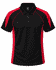 A black and red polo shirt with a collared neck, short sleeves, and a logo on the chest.