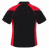 A black and red polo shirt featuring a contrasting design and a logo on the back.