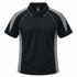 A black polo shirt with grey accents and a logo on the chest. Features a collar and three buttons.