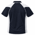 A navy and white polo shirt with short sleeves and a contrasting design. The back view shows a smooth fabric.