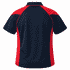 A polo shirt featuring a navy body with red accents, designed with a collar and short sleeves.