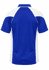 A blue and white polo shirt featuring a logo, with a short-sleeve design and a classic collar.