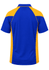 A blue and gold polo shirt with a contrasting design, featuring a logo on the back.