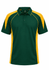 A green polo shirt with yellow accents and a logo, featuring a classic collar and short sleeves.