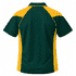 A polo shirt featuring a green body with yellow accents on the shoulders. It has a collar and a logo.