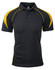 A black polo shirt with yellow accents and a logo on the chest area.