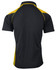 A black polo shirt with yellow accents, featuring a collared neck and short sleeves, designed for men.