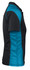 A black and turquoise polo shirt featuring a logo, shown from a side angle.