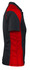 A black and red polo shirt featuring a logo, showcasing a stylish side profile.