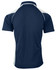 A navy blue polo shirt featuring light grey contrast paneling on the sides and a logo on the chest.