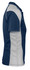 A navy and grey polo shirt with short sleeves and a logo on the front.