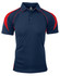 A navy polo shirt with red accents and a collar, featuring a logo on the chest.