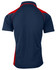 A polo shirt featuring a navy blue body with red accents on the shoulders and collar. It has a logo.