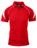 A red polo shirt with white accents and a logo on the collar.