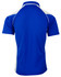A blue polo shirt with white accents, featuring a collar and short sleeves, displayed from the back.