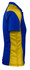 A blue and yellow polo shirt with a logo, featuring a side view design and short sleeves.