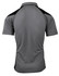 A grey polo shirt featuring black accents and a logo on the back.