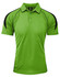 A green polo shirt with black detailing on the shoulders and sleeves, featuring a branded logo.