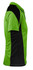 A green and black polo shirt featuring a contrasting design and a logo on the front.