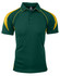 A green polo shirt with yellow accents and a collar, featuring a branding logo on the chest.