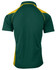 A green polo shirt with yellow accents, featuring a collar and short sleeves. It has a branding logo on it.