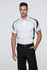 A white polo shirt with navy side panels, featuring a collar and logo. Styled with black trousers.