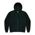 A dark green zip-up men's hoodie with a hood and front pockets. Features a branding logo.