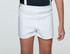 White rugby shorts designed for kids, featuring an elastic waistband and a simple, classic style.
