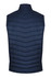 A navy blue men's vest with a quilted design and high collar, featuring a logo.