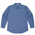 A long-sleeve button-up shirt in blue with a checkered pattern and a chest pocket. Features branding.