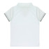 A white polo shirt with short sleeves and a collar, featuring a contrasting black trim and a logo.