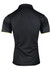 A black polo shirt with short sleeves featuring a contrasting trim and a logo on the front.